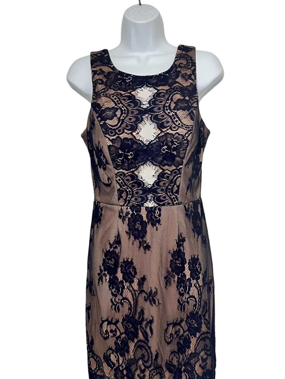 Jodi Kristopher Blue Lace Overlay Midi Dress with Nude Underlay